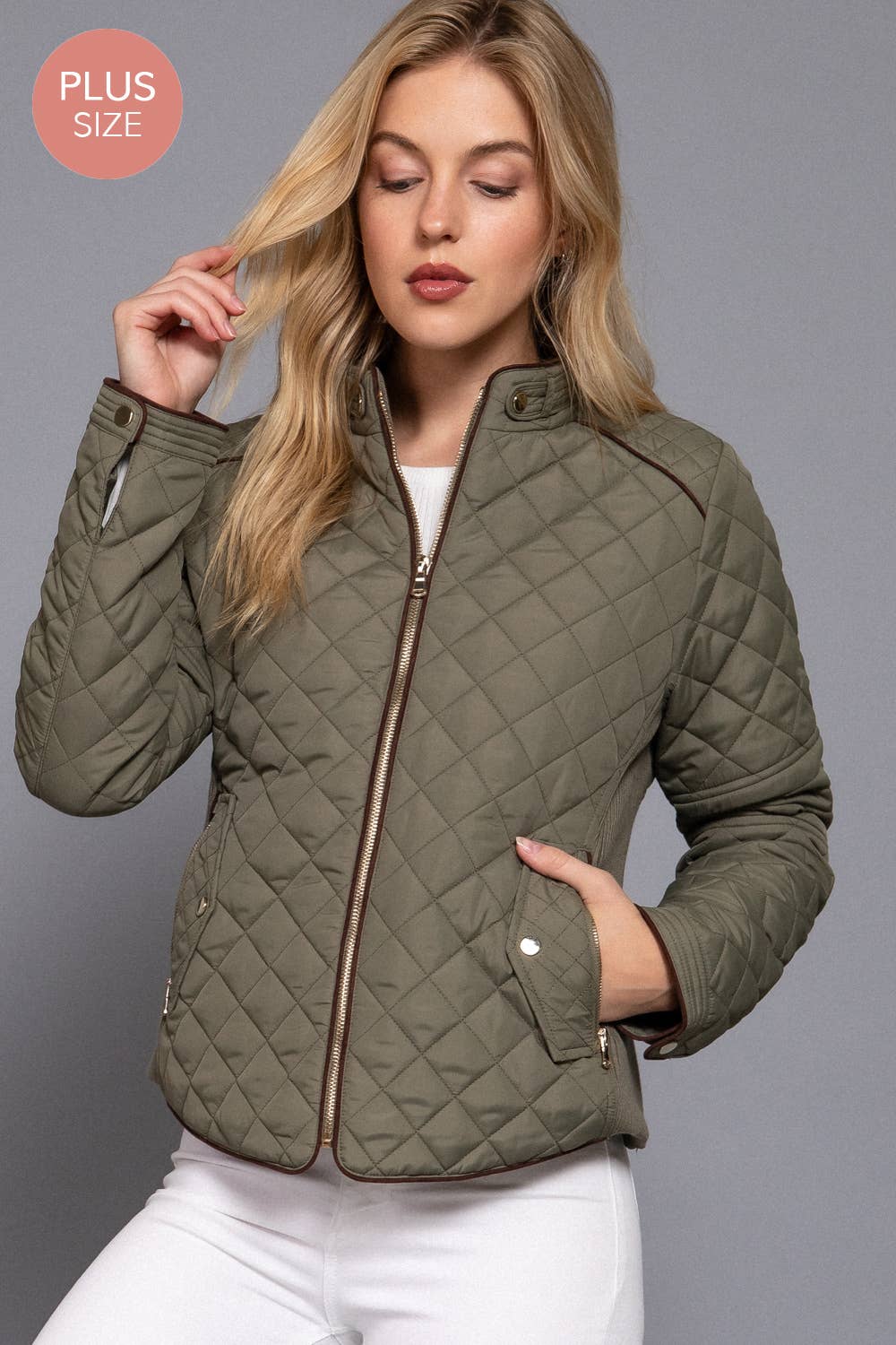 Curvy Girls Suede Piping Detail Rib Quilted Padding Jacket