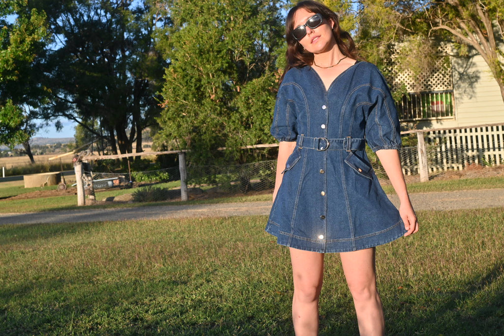 Juliette Bubble Sleeved A-Line Belted Denim Dress