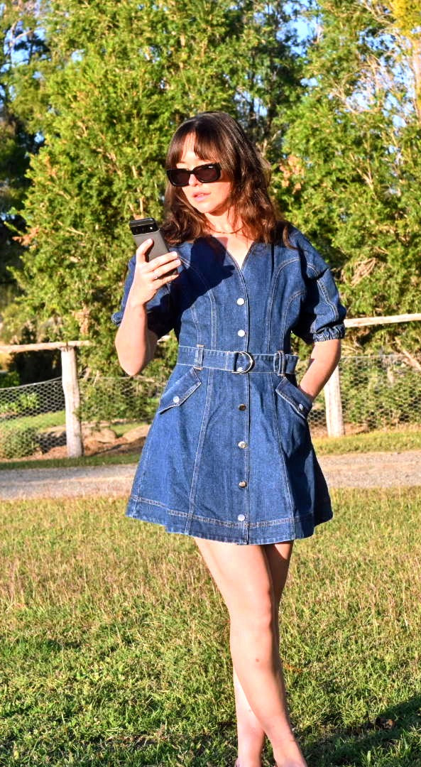 Juliette Bubble Sleeved A-Line Belted Denim Dress