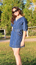 Juliette Bubble Sleeved A-Line Belted Denim Dress
