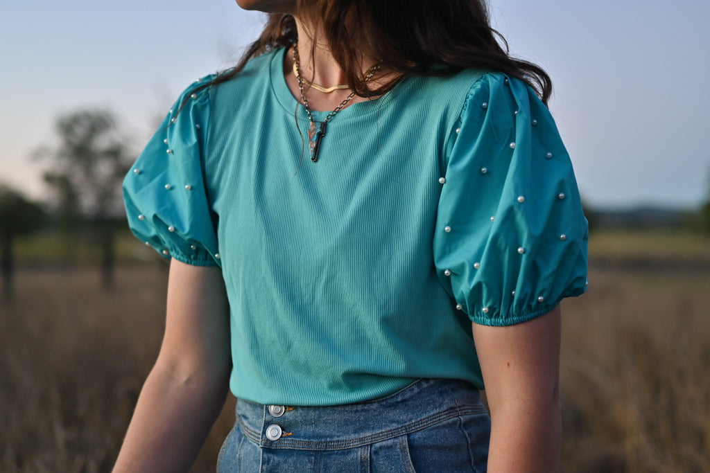 Bailey Pearl Puff Sleeve - Turquoise