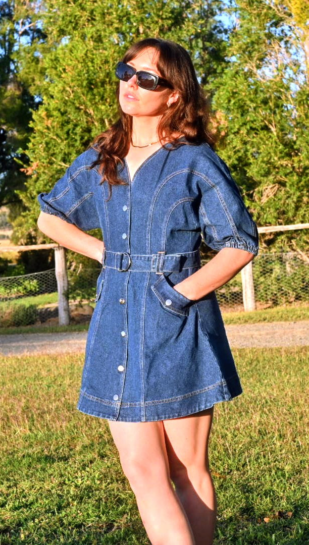 Juliette Bubble Sleeved A-Line Belted Denim Dress