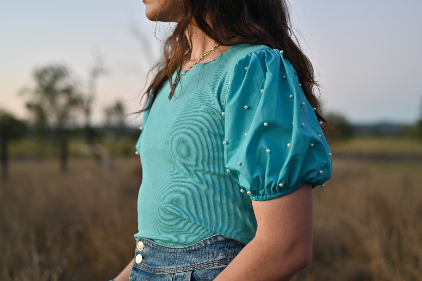 Bailey Pearl Puff Sleeve - Turquoise