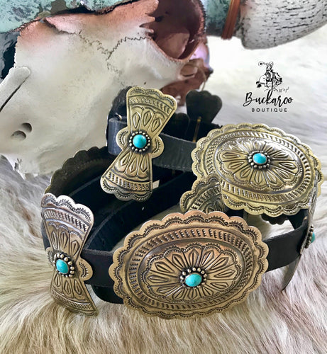 Classic Oval Conchos with Turquoise, Black Leather Belt