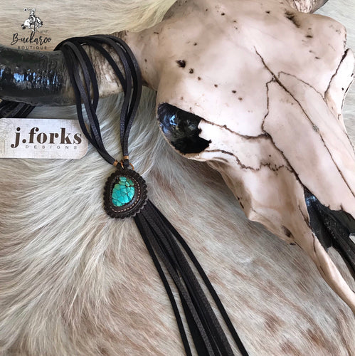 JForks Design 26” Leather Fringe Bolo w/ 43ct Turquoise & Leather Pendant