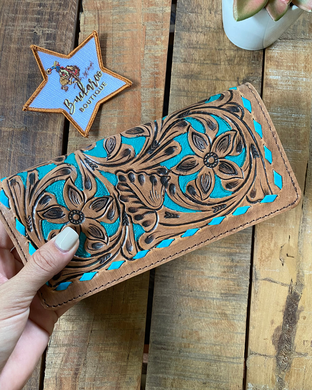 Tooled Leather Wallet W/- Turquoise Colour Buckstitch