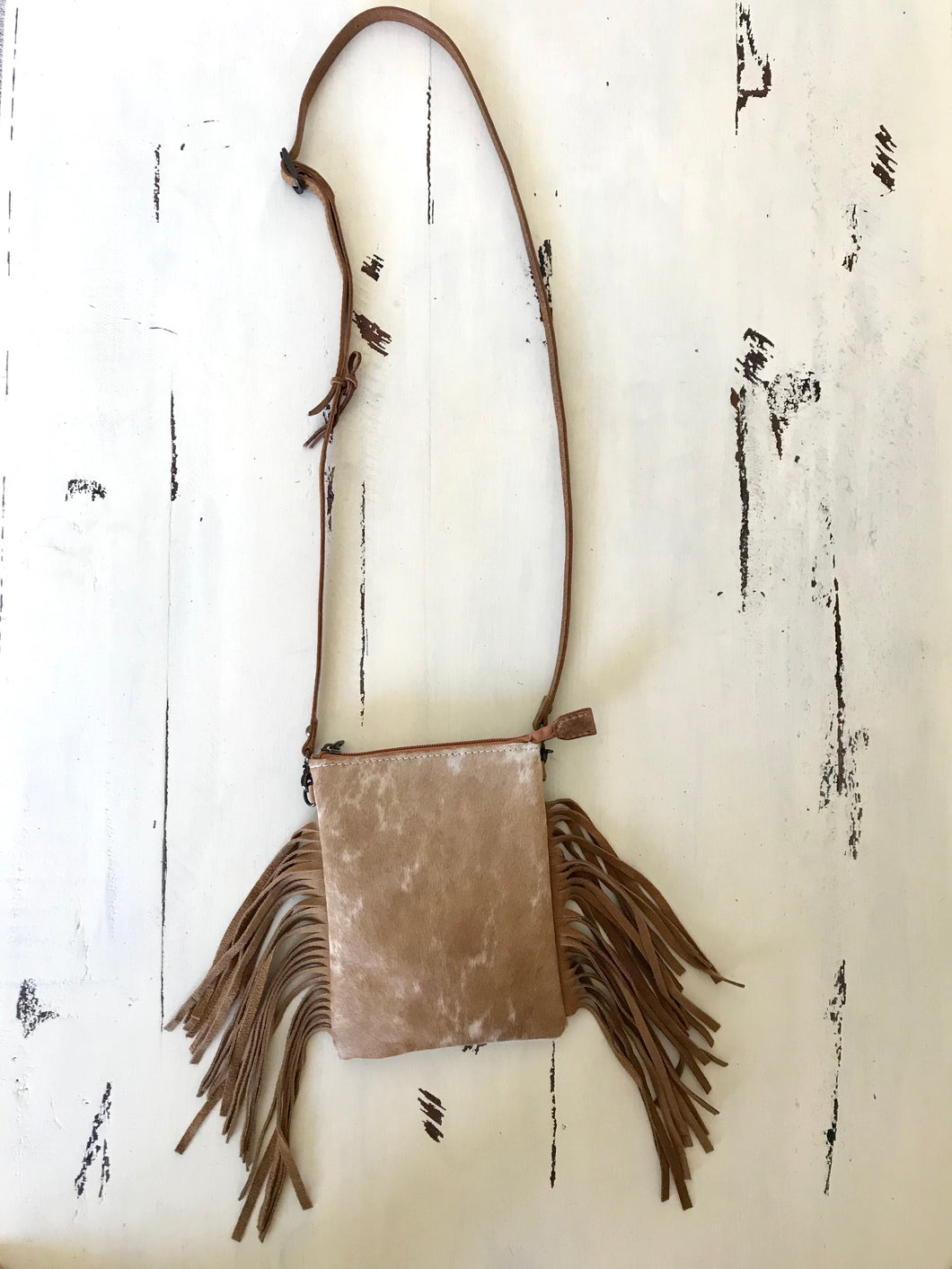 Genuine Tan Hair On Hide Crossbody Bag with Fringe